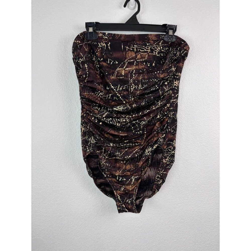 Miraclesuit women's 16 brown metallic gold strapless one piece‎ swimsuit
